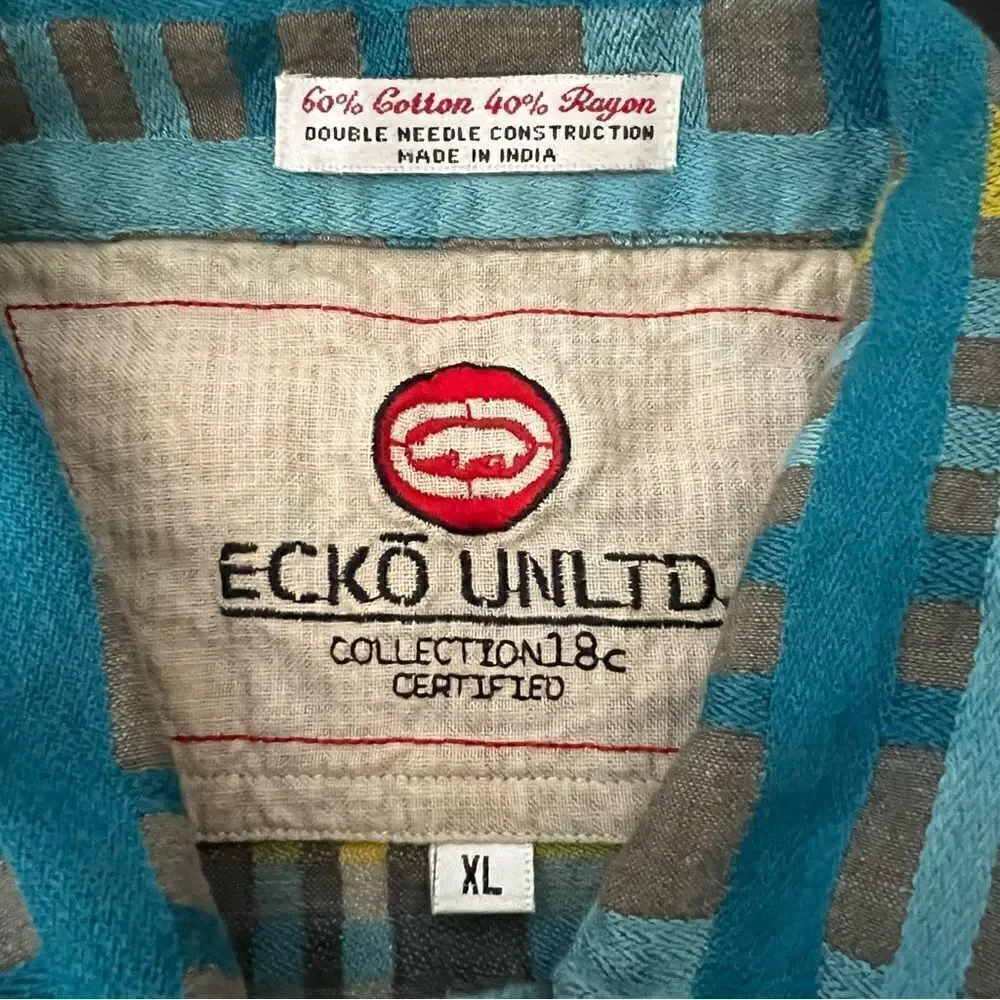 Ecko Unltd Shirt Mens XL Blue Plaid Button Up Short Sleeve Pockets Outdoor Logo